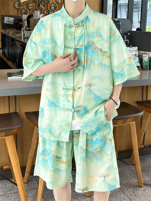 Mountain Flower Print Men's Chinese Style Comfort Outfits