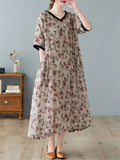 Female Retro Print V Neck Short Sleeve Linen Loose Dress