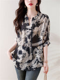 V Neck Tassel Button Floral Print Breathable Shirt for Lady