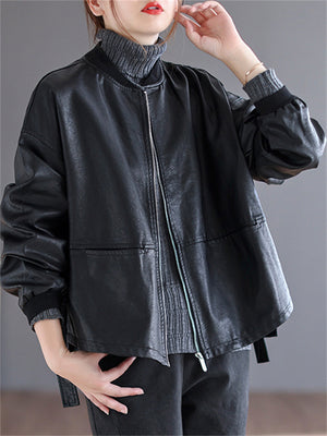 Women's Street Zip Up Oversized PU Leather Motorcycle Jacket