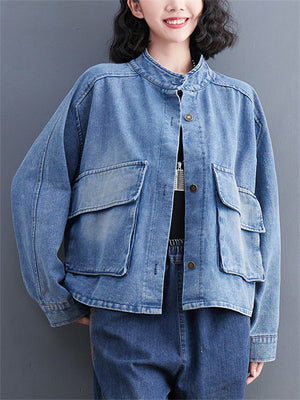 Women's Single Breasted Flap Pockets Denim Short Jacket