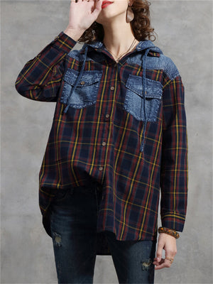 Women's Vintage Plaid Detachable Hood Long Sleeve Shirt