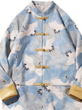 Chinese Fan Crane Printed Faux Suede Jackets for Men