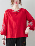 Women's Ethnic Style Peony Embroidery 3/4 Sleeve Linen Shirt