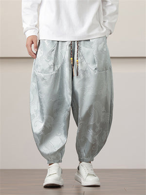 Men's Chinese Dragon Printed Ankle-tied Ice Silk Lantern Pants