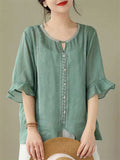 Ethnic Style Round Neck Ruffle Sleeve Transparent Shirt for Women