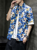 Men's Fashion Short-Sleeved Loong Printed Tang Suit Shirt