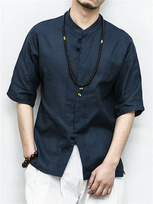 Men's Summer Vacation Stand Collar Button Short Sleeve Linen Shirt