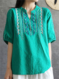 Female Ethnic Style Cotton Linen Short Sleeve V-neck Shirts