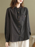 Female Popular Cotton Linen Button Up Pocket Striped Shirts