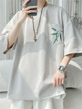 Male Casual Pocket Bamboo Leaves Half Sleeve Shirts