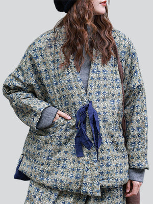 Women's Japanese Style Geometric Printing Thick Lace-up Coats