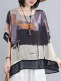 Women's Retro Print Round Neck Half Sleeve Cozy Chiffon Shirt