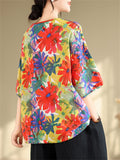 Summer Bright Daisy Print Drawstring Hem V-Neck Shirt for Female