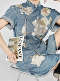 Ladies Auspicious Beast Qilin Chic Denim Qipao Dress