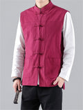 Men's Stand Collar Knot Button Patch Pocket Plain Linen Vest