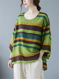 Contrast Color Striped Cotton Linen Scoop Neck T-shirt for Women