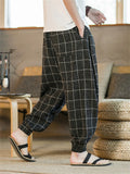 Chinese Style Men's Black Embroidered Plaid Pants