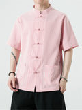 Men's Chinese Style Stand Collar Knot Button Summer Striped Shirt