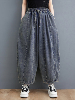 Female Vintage Blue Drawstring Plus Size Jeans