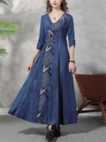 Classic Embroidered Denim Cheongsam Dress for Ladies