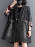 Ladies Stylish Plaid Patchwork Pockets Denim Jacket