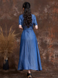 Women's Orange Leaf Embroidery Lapel Button Blue Denim Dress