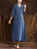 Women's Elegant V Neck Lantern Sleeve Pleated Denim Dress