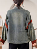 Contrast Color Retro Button Up Denim Jacket for Women