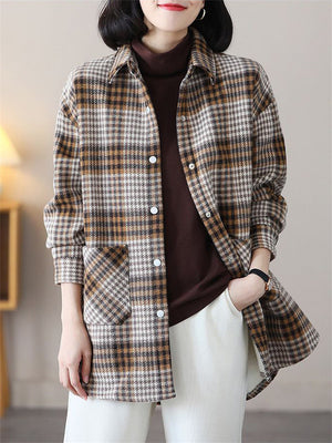 Winter Warm Plush Lining Long Sleeve Plaid Jacket for Women