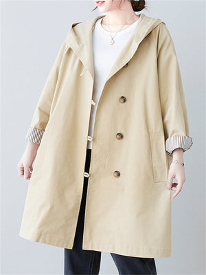 Pure Color Hooded Trench Coats Mid-length Jackets for Women