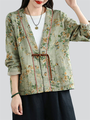 Women's Tasseled Knot Button Printed Relaxed Jackets