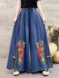 Female Ethnic Style Peony Embroidered Denim Wide Leg Pants