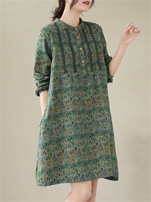 Female Ethnic Print Round Neck Long Sleeve Linen Shirt