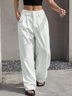 Casual High-Rise Spliced Striped Pants for Women