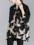 Women's Crane Floral Printing 3/4 Sleeve Oversized Shirts