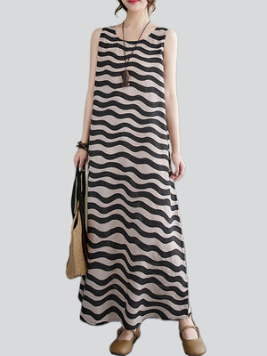 Female Gentle Wavy Striped Printed Sleeveless Tank Dress