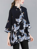 Women's Crane Floral Printing 3/4 Sleeve Oversized Shirts