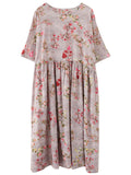 Women's Peach Blossom Print Round Neck Half Sleeve Cotton Dress