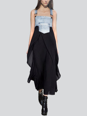 Denim Chiffon Patchwork Overall Dress for Women