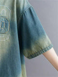 Blue Yellow Contrast Color Letter Patch Denim T-shirts for Women