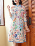 Women's Vintage Print Stand Collar Half Sleeve Elegant Qipao