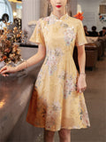 Elegant Ladies Flower Print Yellow A-line Qipao