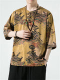 Retro Printed Ice Silk Round Collar Vacation Shirts for Men