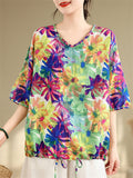 Summer Bright Daisy Print Drawstring Hem V-Neck Shirt for Female