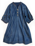 Ethnic Style Embroidery Women's V Neck Puff Sleeve Denim Dress