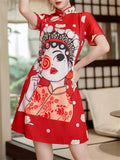 Women's Chinese Opera Cartoon Girl Print Dress