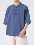 Men's Chinese Style Stand Collar Short Sleeve Linen Plaid Shirt