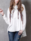 Female Chic Embroidery Button Up Irregular Hem White Shirt