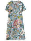 Summer Female Floral Print Round Neck Elegant Knee Length Dress